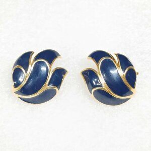 Trifari Blue Enamel Gold Clip-On Earrings Signed 0.825” 20.5g 1970s Retro Glam